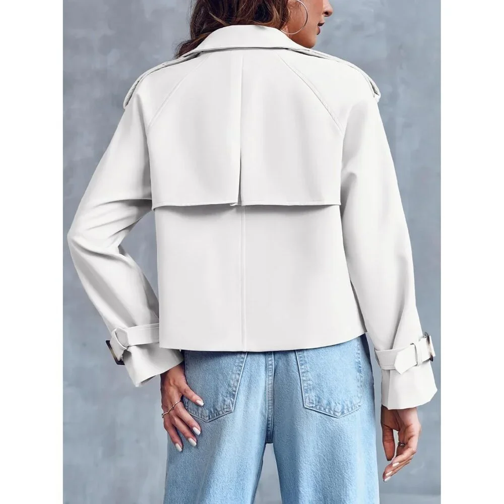 Women's White Crop Double Breasted Trench Coat Raglan Sleeve Cropped Jacket - Picture 5 of 6